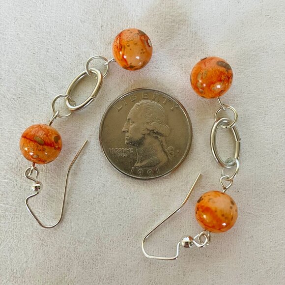 Orange Swirl Earrings Ceramic Beaded Silvertone Metal Oval Hoop Handcrafted New - Picture 5 of 6
